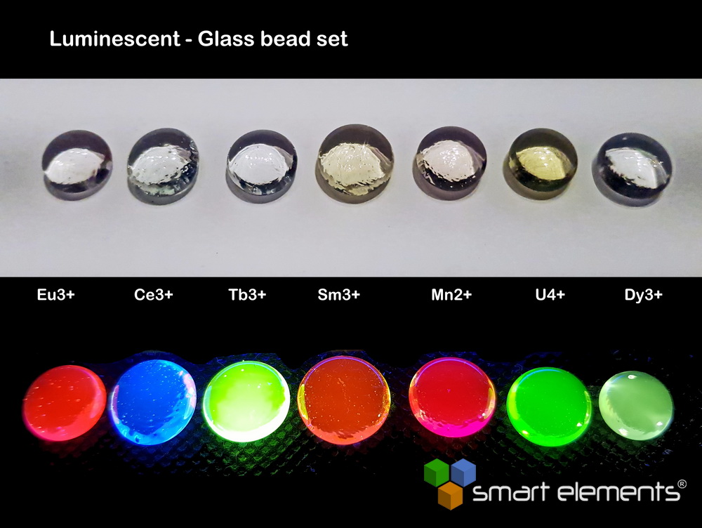 Element collection of luminescent doped optical glass beads - 7 pcs. + free 3W 365nm UV LED - Lamp